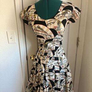 Custom-made 50s classic vintage style Japanese Fan scoop neck swing dress small